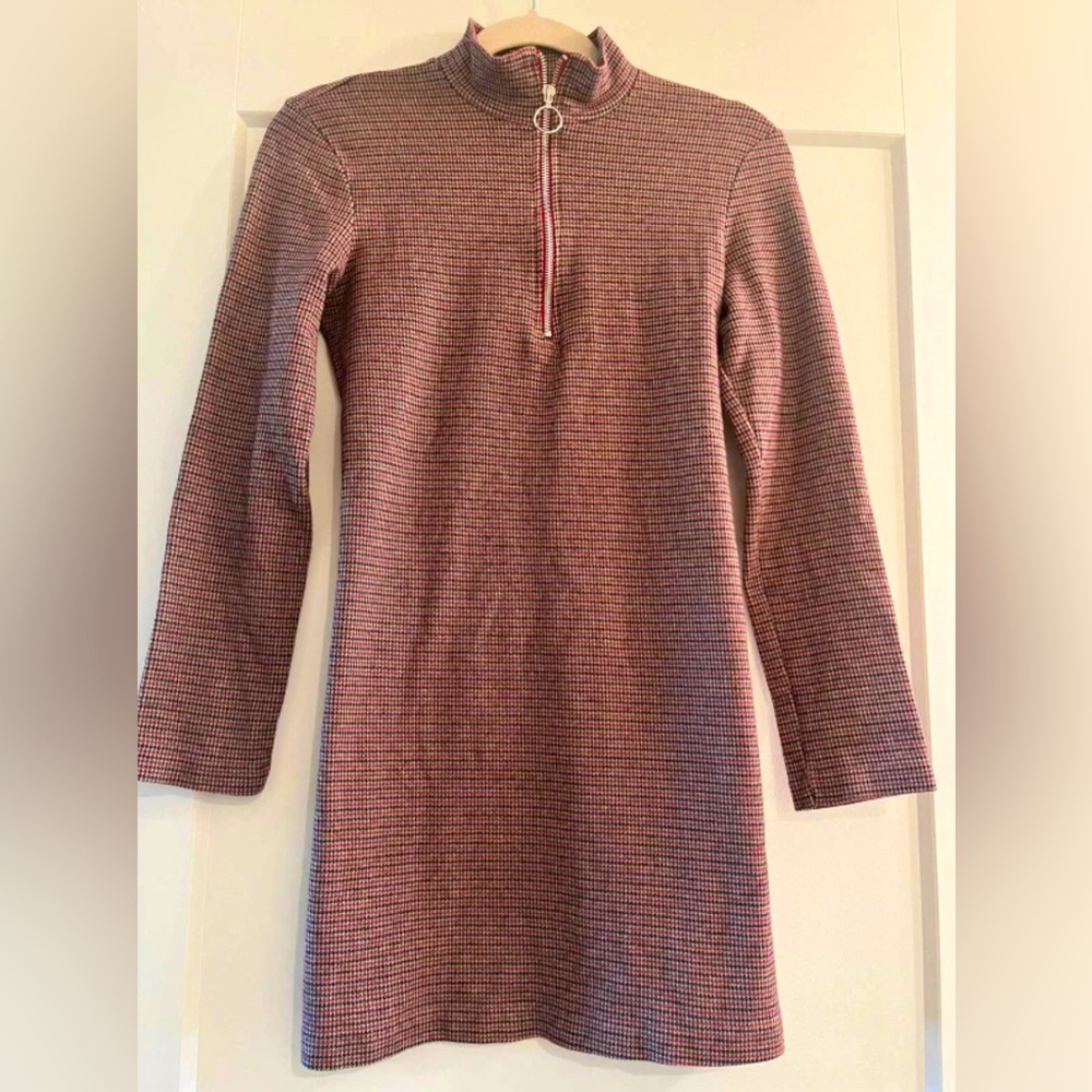 Zara Mini Dress Houndstooth Long sleeve Red Black Beige | Size Small